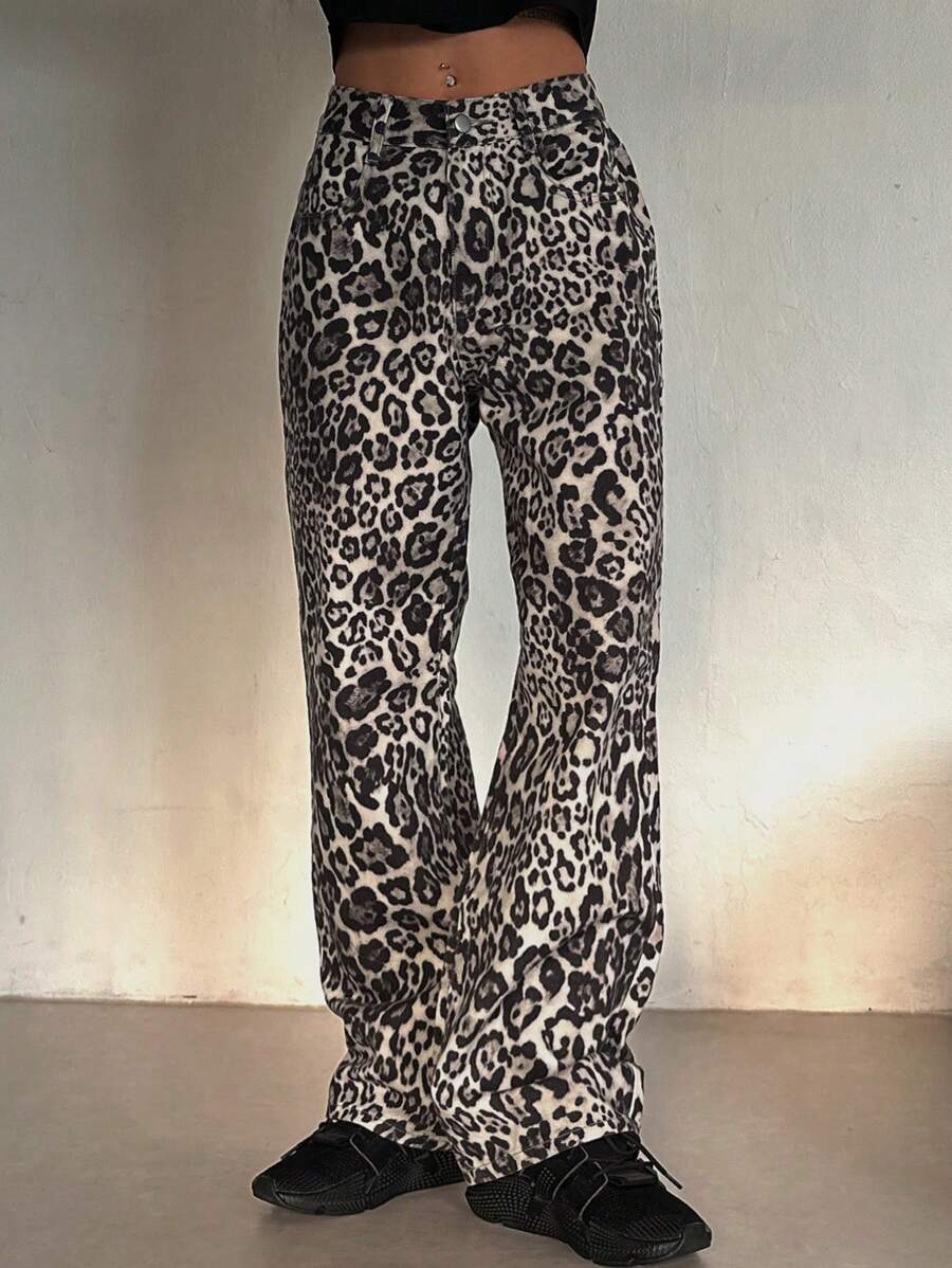 DAZY Quần Jeans Denim Họa Tiết Da Báo Cài Nút Phía Trước, Mặc Hàng Ngày Thường Ngày Họa Tiết Da Báo - màu nâu - Xem 1