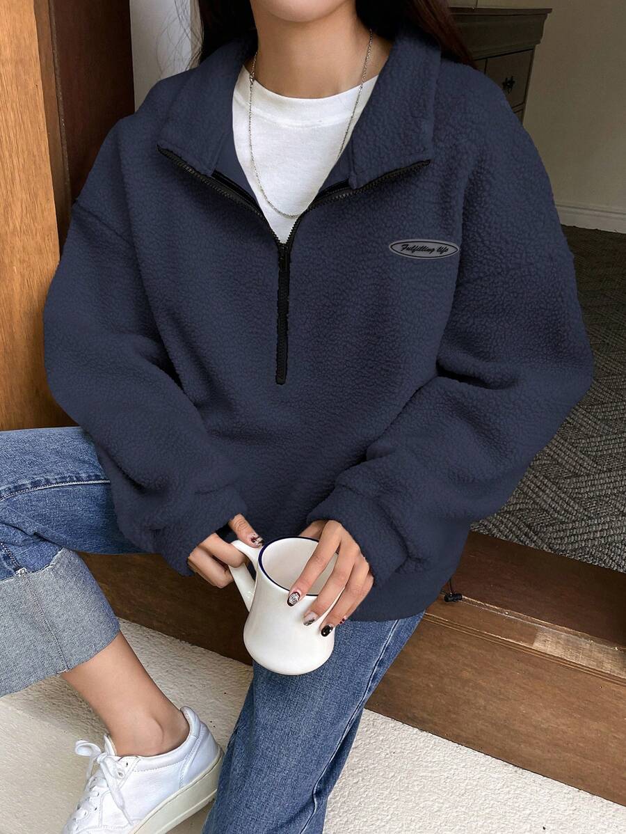 DAZY Women's Casual Loose Fit Letter Embroidered Drop Shoulder Sweatshirt, Autumn/Winter,Fall Women Clothes - Navy Blue - View 1