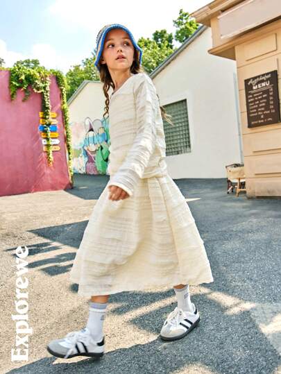 SHEIN 2pcs Girls Fall Outfit, City Style Comfortable Shirt & Skirt Set, Soft Texture Fabric, For Casual Wear, Outgoing, School, Daily Use