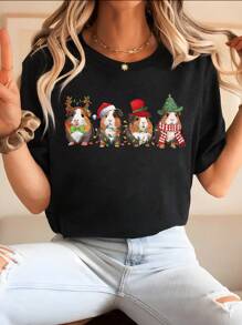 SHEIN LUNE 休闲 T 恤，带有可爱老鼠和圣诞元素印花图案 T 恤女式上衣 - 黑色 - 查看 3