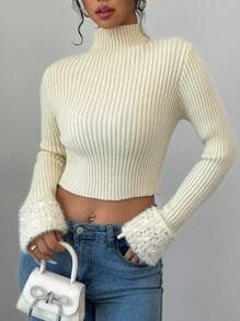 Chiquease Women's Solid Color Stand Collar Long Sleeve Patchwork Ruffled Hem Fitted Pullover Sweater, Autumn/Winter
