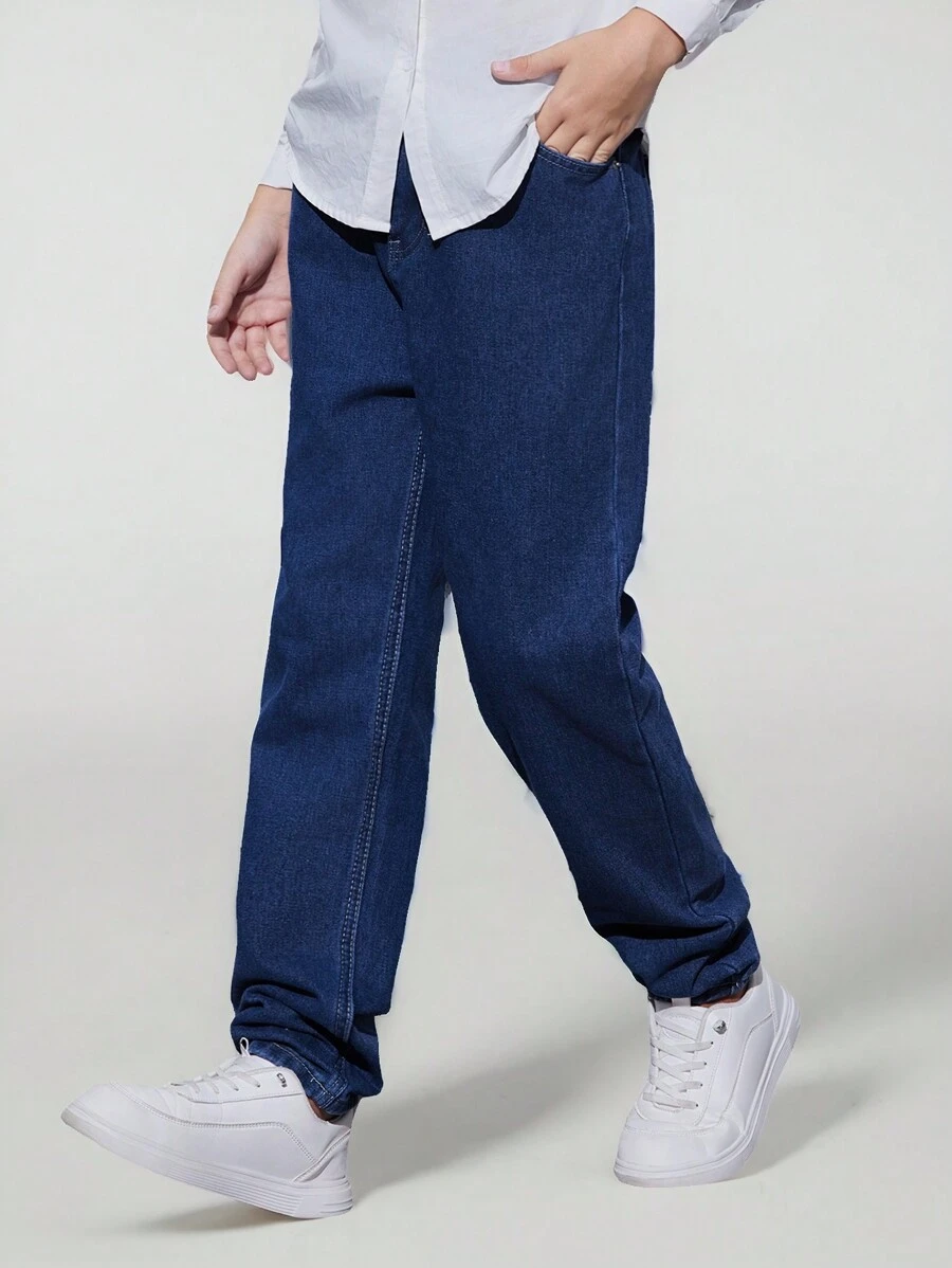 SHEIN Tween Boy Casual Tapered Jeans With Slanted Pockets And Elastic Waistband At The Back, School, Campus, College Chic Autumn/Winter - Dark Wash - View 1