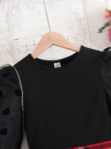 SHEIN Tween Girls Fashion Casual Knitted & Mesh Contrast Crew Neck Top With Plaid Mini Skirt Set