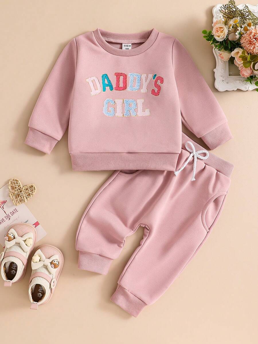 2 件装女婴“爸爸的女孩”长袖运动衫套装，适合婴儿/幼儿，秋季 - 粉色 - 查看 1