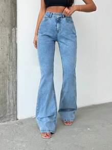 SHEIN Tall 高腰喇叭长款黑色高腰牛仔裤 - 淺色水洗藍 - 查看 5