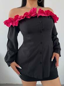 Allurite Camisa de manga larga con volantes en el bajo, estilo minimalista versátil casual para tallas grandes, de hombros descubiertos, en color blanco