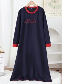 SHEIN Tween Girl 休闲睫毛印花拼色圆领长袖长款睡袍睡衣家居服 - 寶藍色 - 查看 3