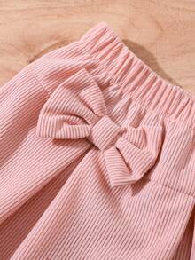 Bộ váy trang trí tay bồng đan sọc chắp vá cho bé gái kèm nơ đôi bằng vải nhung - Hồng - Xem 7