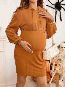 SHEIN 孕妇插肩袖抽绳南瓜色卫衣，秋冬季 - 鏽棕色 - 查看 1