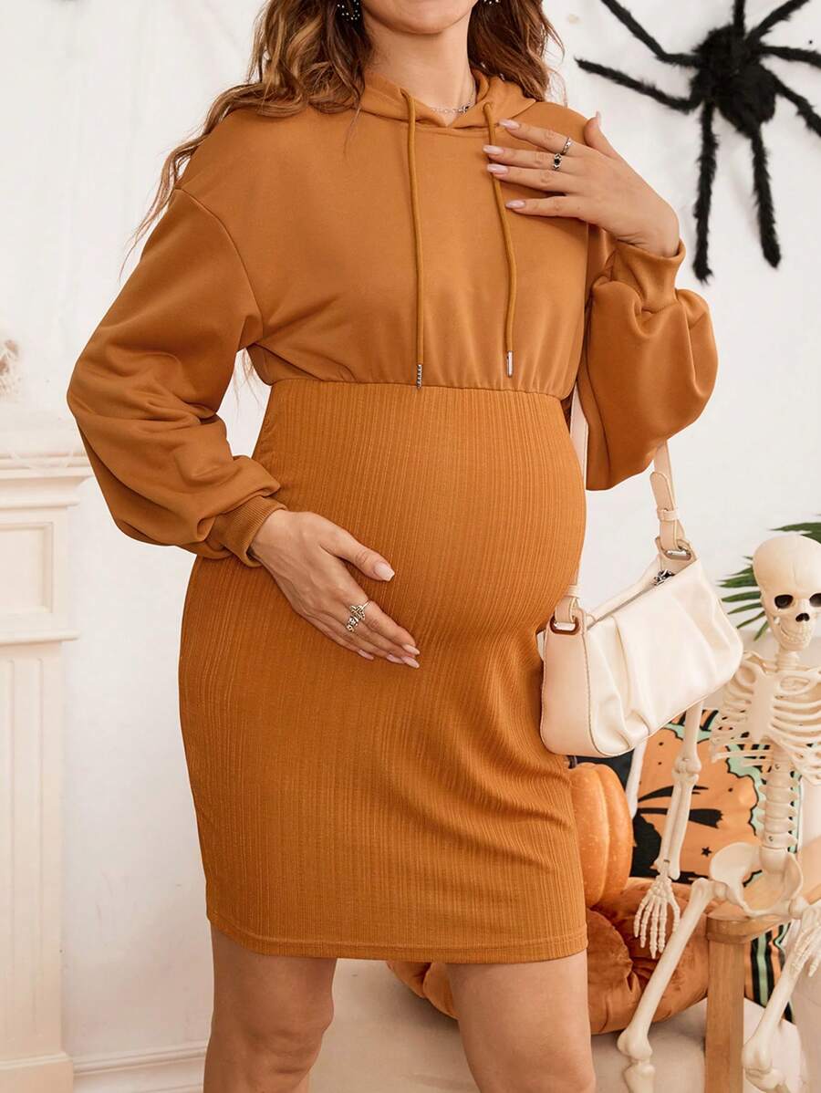 SHEIN 孕妇插肩袖抽绳南瓜色卫衣，秋冬季 - 鏽棕色 - 查看 1