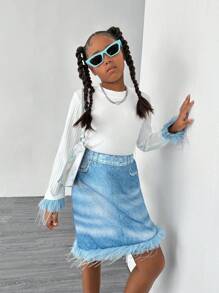 SHEIN 2pcs/Set Tween Girls Blue Furry Splicing Sleeve White T-Shirt & Denim Effect Print Skirt Street Fashion Outfit - White - View 7
