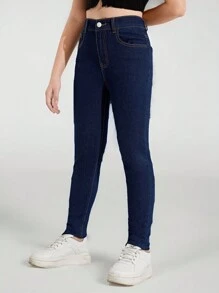 SHEIN Sparklyn Tween Girl Casual Preppy Daily Dark Wash Adjustable Waist Flat Pockets Skinny Jeans - Dark Wash - View 3