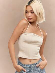 MISSGUIDED Corset cu dezosare cu spălare acidă, cu gât, închidere cu fermoar în spate - Caisă - Vizualizare 3