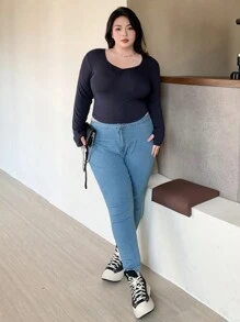 Dazy Plus Plus Size Solid Color Sweetheart Neck Slim-Fit Base Layer T-Shirt,Fall Clothes - Navy Blue - View 3