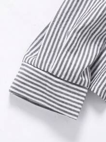 青少年女孩时尚长袖露肩条纹衬衫 - 黑與白 - 查看 7