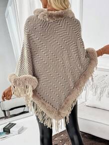 Chiquease Fluffy Patchwork Round Neck Casual Sweater With Fringe Hem Knit Pullover Fall Winter Outfit - Apricot - View 2