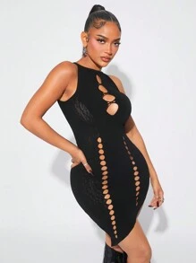 SHEIN SXY Women's Summer Sexy Solid Color Hollow Out Fitted Asymmetrical Hem Dress - Black - View 3
