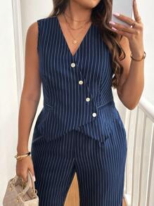Franclia Plus Size Front Button Sleeveless Striped Top And Casual Pants 2pcs Set