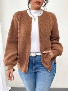 SHEIN LUNE Plus Size Plain Front Zip Long Sleeve Minimalist Casual Top - Khaki - View 3