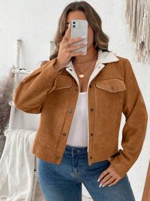 Flirla 大码女式秋冬毛绒衬里灯芯绒飞行员夹克