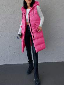 EURMUSE Flap Pocket Drawstring Hooded Puffer Vest Coat - Hot Pink - View 4