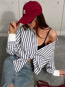 EMERY ROSE Camisa de manga larga informal con botones y rayas de color contrastante oversize para mujer - Azul Marino - Ver 3