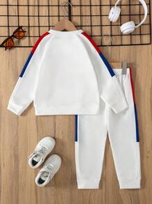 2pcs Young Boy Simple English Letter Print Splicing Raglan Sleeve Sweatshirt & Splicing Pants Sportswear Set, Autumn/Winter - White - View 2