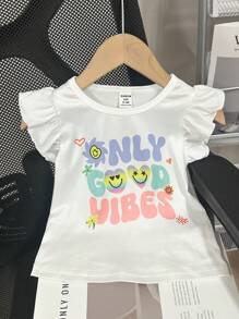 SHEIN 2 件装女婴夏季休闲笑脸和心形图案盖袖上衣和围兜裙套装 - 紫色 - 查看 3
