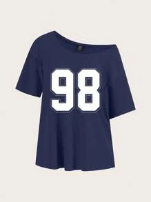 SHEIN Essnce Navy Blue Casual Minimalist No.98 Graphic Dropped Shoulder T-Shirt For Women, Summer Suitable For Going Out
