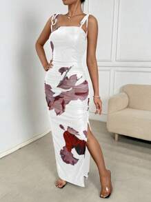 Chiquease Women's Spaghetti Strap Tie Front Floral Print Split Hem Dress - White - View 5
