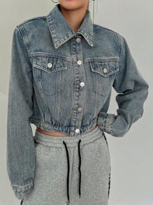 DAZY 女士短腰收腰牛仔夹克 - 中等水洗藍 - 查看 6