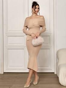 Modelyn 2pcs Women Solid Color Off-Shoulder Long Sleeve Sweater And Long Maxi Skirt Set, Elegant Outfit 2 Pieces Set - Khaki - View 3
