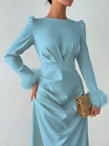 Chiquease Women Elegant Party Microfiber Feather Patchwork Puff Sleeve & Ruched Design Dress - Blue - View 5