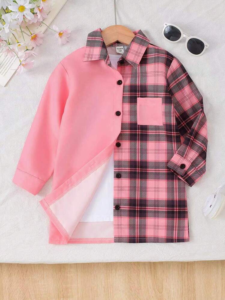 SHEIN 女の子用ピンクホワイトチェック柄長袖カジュアルシャツ、秋冬に