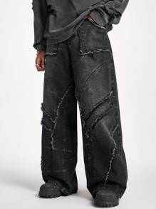 PAVTROS Manfinity Streetrush Men's Black Washed Denim Patchwork Loose Wide-Leg Pants Plain Wide Leg Oversize Jeans, For Husband, Boyfriend Gifts, Grunge - Black - View 4