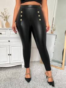 SHEIN Clasi Plus Size Decorative Button PU Leggings Fall Cloth For Women - Black - View 3