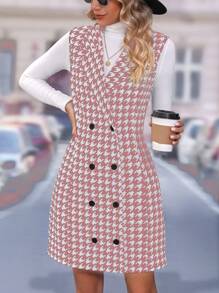 Chiquease Spring & Autumn Casual Houndstooth Print Double Breasted Vest