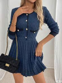 Calvaya Retro French Style Sweater Dress, Thick Polyester Fabric, Waist Design, Fitted Silhouette, Navy Blue, Suitable For Party, Outing And Street Wear, Autumn/Winter