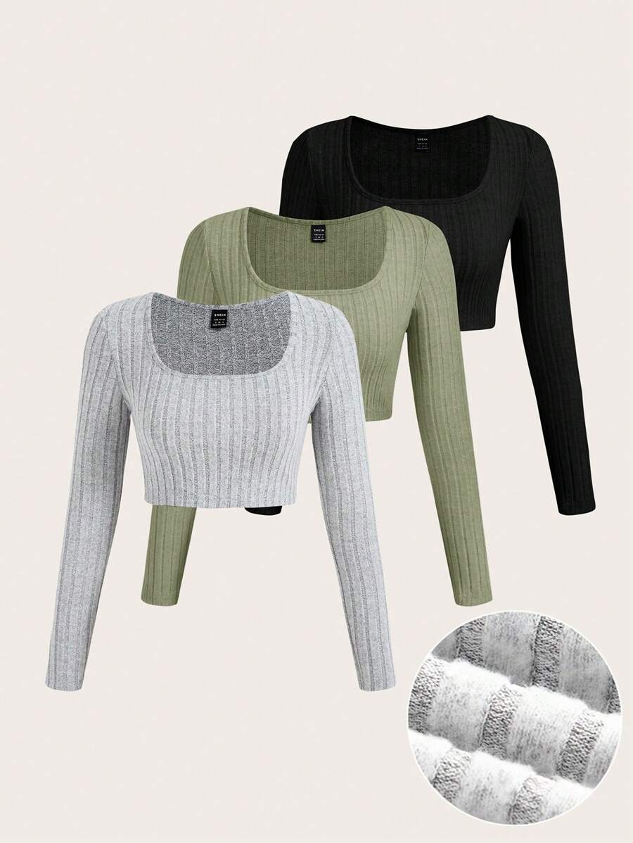 SHEIN EZwear 女式基本款多色针织紧身 T 恤 - 彩色 - 查看 1