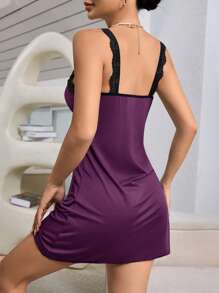 Damen Kontrast Spitzen Schleife Camisole Nachthemd, Urlaub