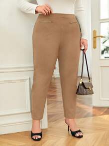 SHEIN Frenchy Plus Size Women's Solid Color Zipper Design Straight Leg Elegant Office Pants