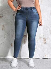 EMERY ROSE Plus Size Women Elastic Waist Denim Pants - Medium Wash - View 5