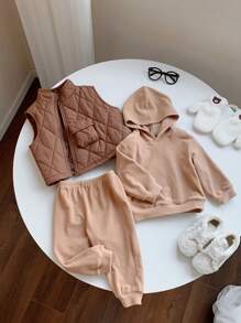 SHEIN Bộ 3 món áo nỉ ấm áp dễ thương đa năng cho bé trai và bé gái, áo hoodie, áo nỉ và quần dài, phù hợp cho hoạt động ngoài trời mùa thu/đông và trượt tuyết - Nhiều màu - Xem 6