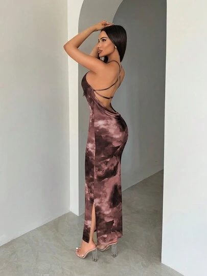 SHEIN SXY Vestido de espalda abierta con tinte anudado, transparente, sexy de vacaciones de verano, boho para mujer