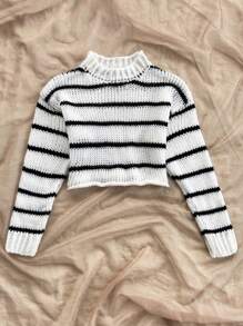 Soleia 休闲圆领拼色条纹长袖毛衣 - 黑與白 - 查看 4