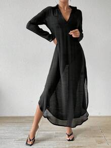 Váy che phủ bãi biển nghỉ dưỡng tối giản cổ chữ V dài thoải mái - màu đen - Xem 1