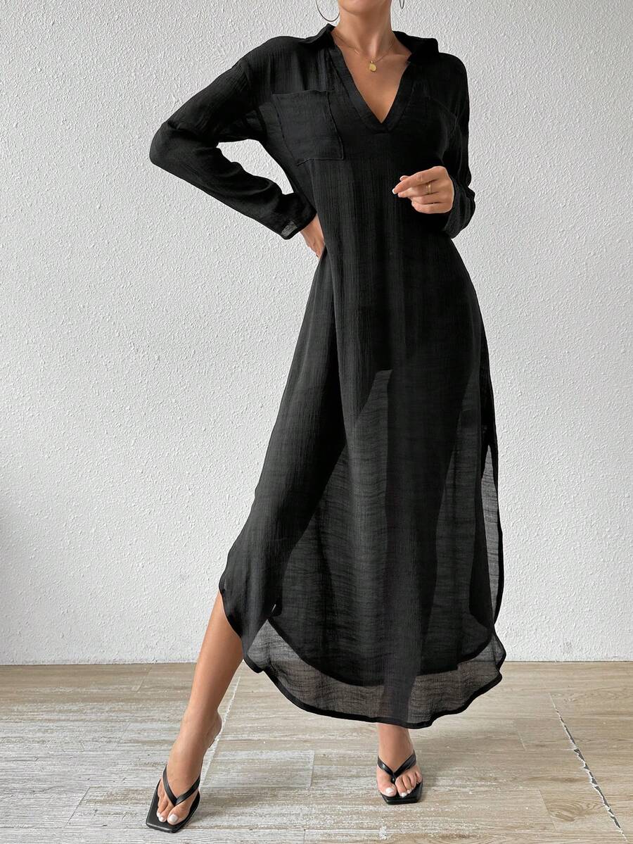 Váy che phủ bãi biển nghỉ dưỡng tối giản cổ chữ V dài thoải mái - màu đen - Xem 1