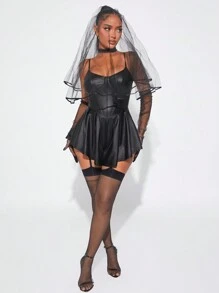 SHEIN SXY 万圣节/派对/聚会服装，黑色 PU 紧身胸衣式芭蕾紧身连衣裤 - 黑色 - 查看 1