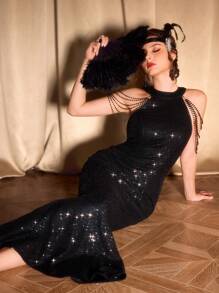 Vintamour 复古优雅派对女士无袖亮片紧身露背连衣裙，黑色串珠连衣裙黑色裙子黑色返校节连衣裙优雅女士连衣裙希腊女神服装化妆舞会礼服优雅女士连衣裙女神服装美人鱼服装水钻连衣裙音乐会女士服装性感派对礼服 - 黑色 - 查看 1