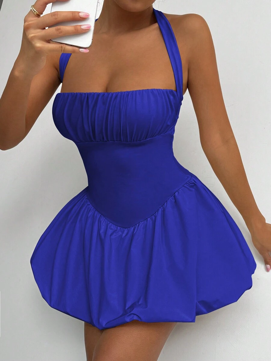 Allurite Váy Mini Xếp Ly Hở Lưng Mùa Hè Gợi Cảm Có Nếp Xếp Ly - Xanh đậm - Xem 1